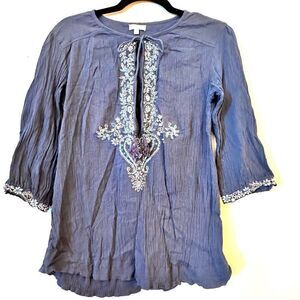 Star Mela Women's Embroidered Blouse Quarter Sleeve Tie Neckline Blue Medium Tun